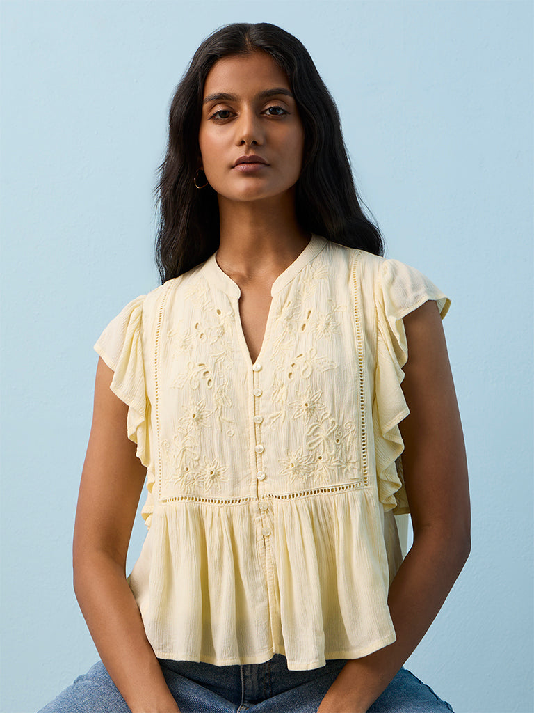 LOV Light Yellow Floral Embroidered Top