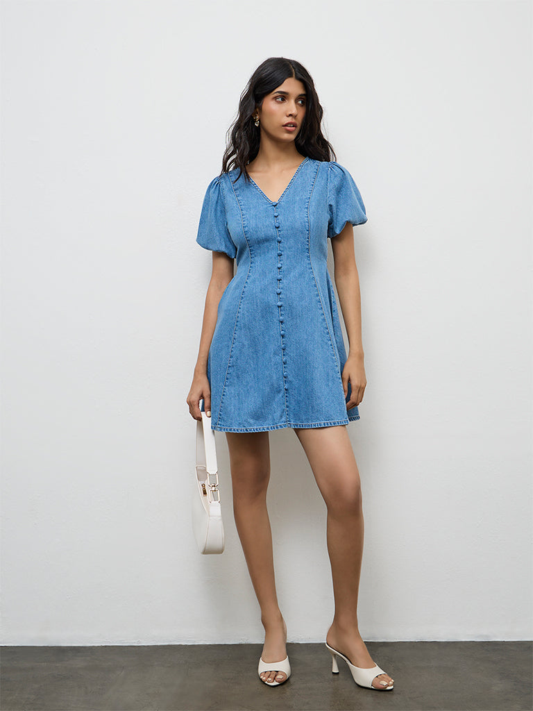 LOV Blue Washed Denim A-Line Dress