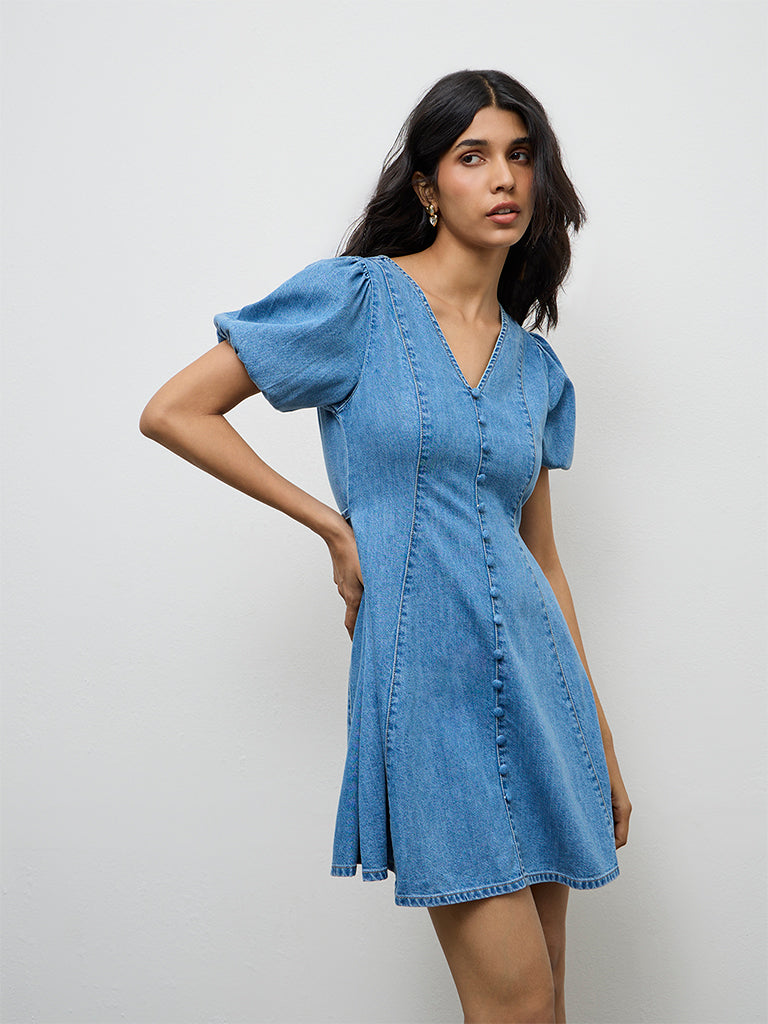 LOV Blue Washed Denim A-Line Dress
