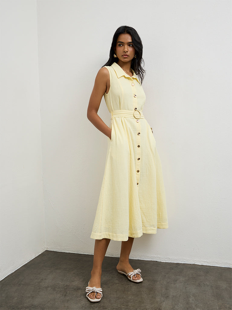 LOV Light Yellow Crinkle-Textured Cotton A-Line Dress