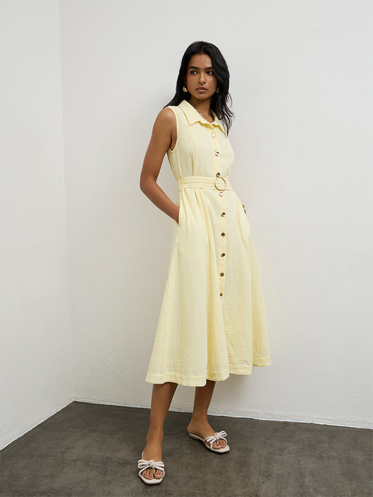 LOV Light Yellow Crinkle-Textured Cotton A-Line Dress