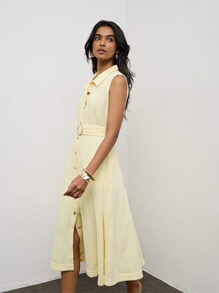 LOV Light Yellow Crinkle-Textured Cotton A-Line Dress