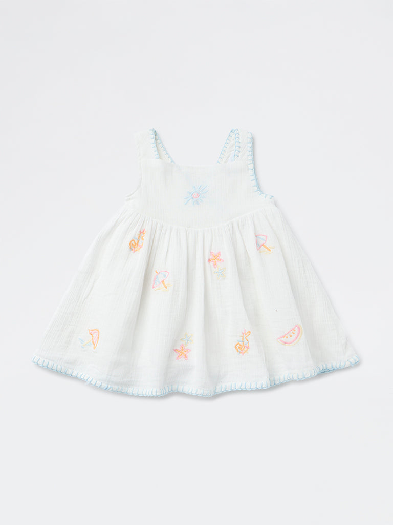 HOP Baby Girls White Embroidered Cotton Dress