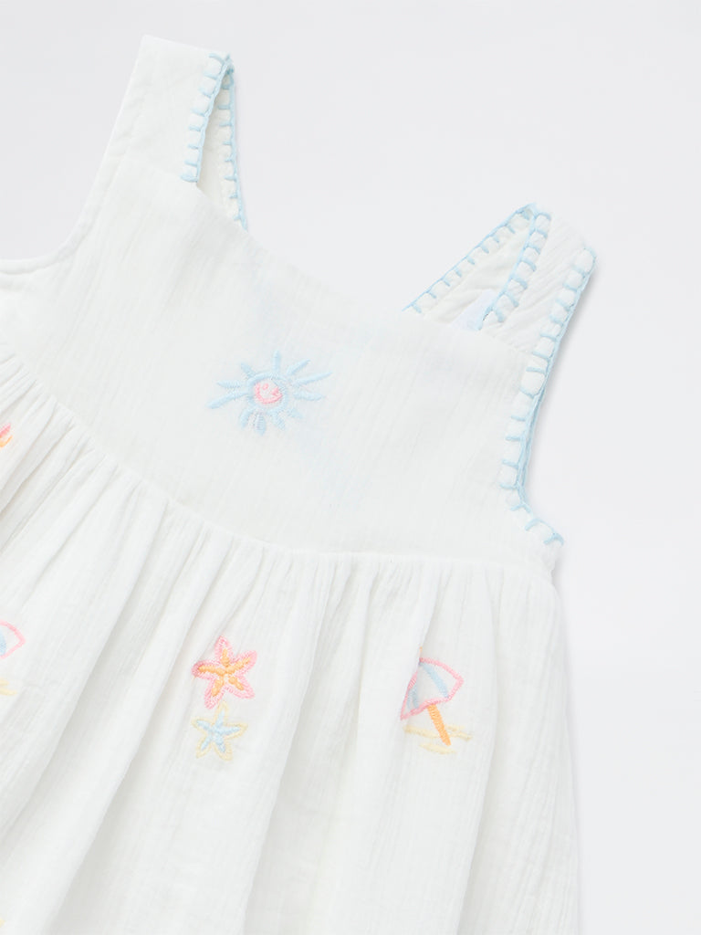 HOP Baby Girls White Embroidered Cotton Dress