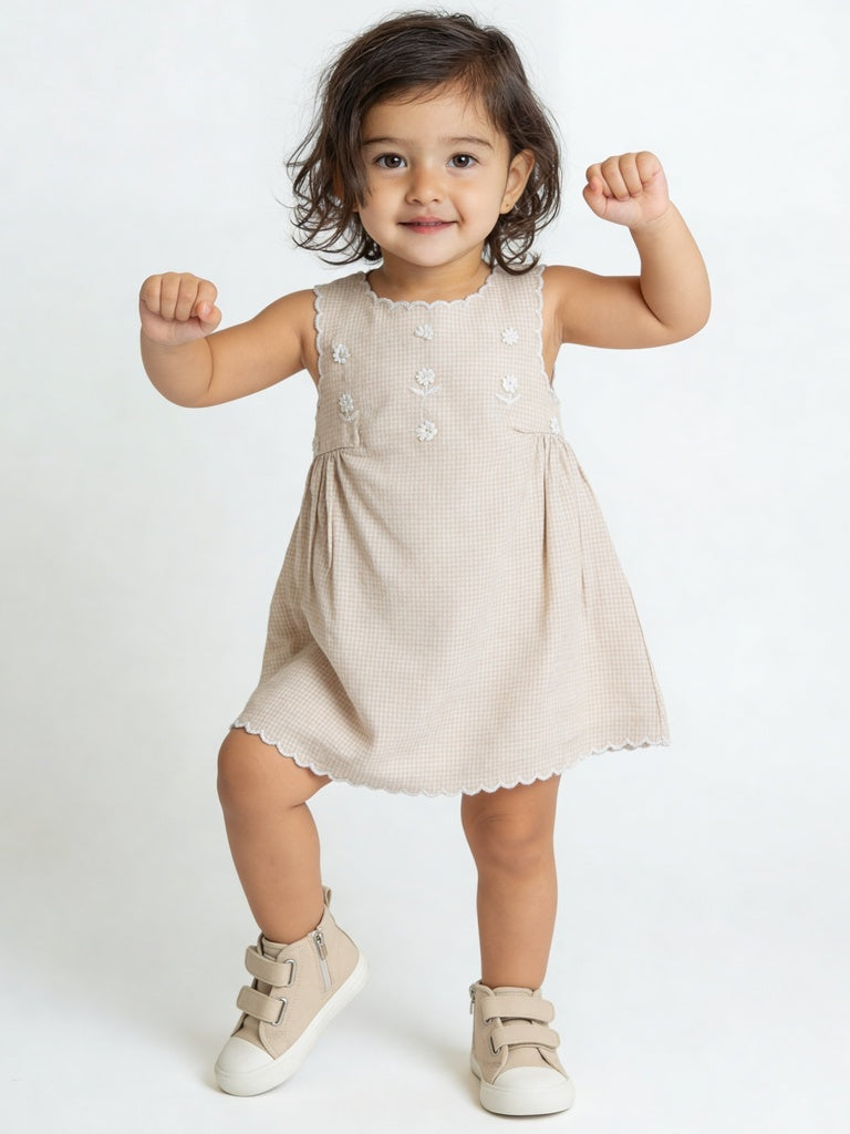 HOP Baby Girls Beige Checkered Flared Cotton-Blend Dress