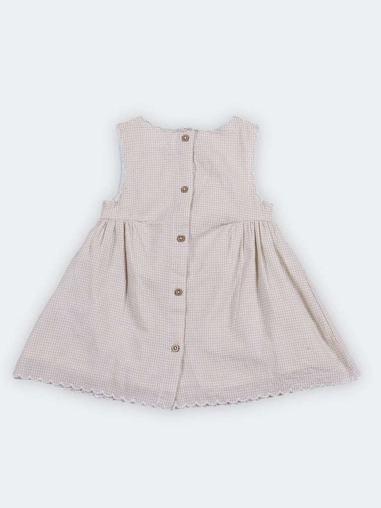 HOP Baby Girls Beige Checkered Flared Cotton-Blend Dress