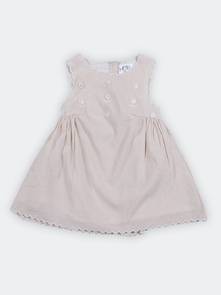 HOP Baby Girls Beige Checkered Flared Cotton-Blend Dress