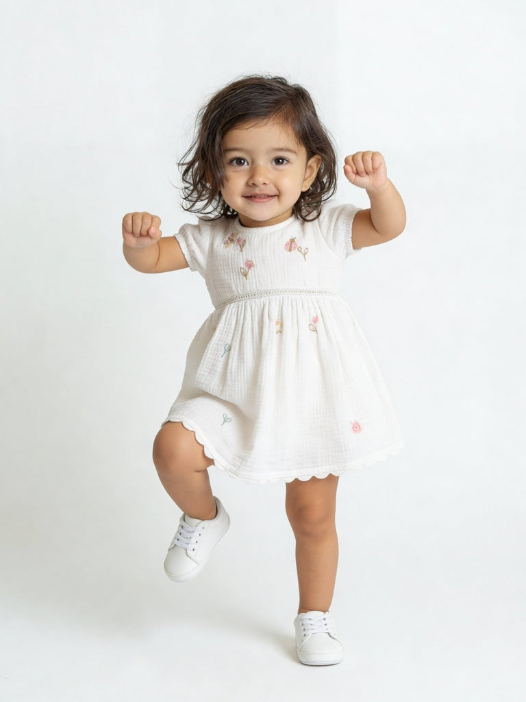 HOP Baby Girls White Embroidered Cotton Fit and Flare Dress