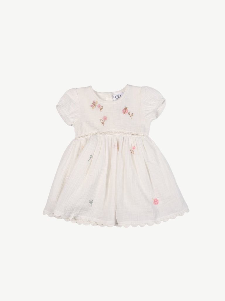 HOP Baby Girls White Embroidered Cotton Fit and Flare Dress