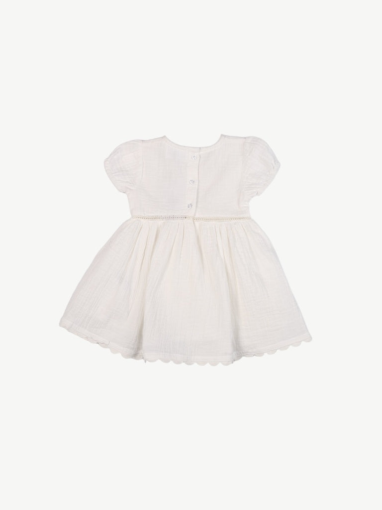 HOP Baby Girls White Embroidered Cotton Fit and Flare Dress