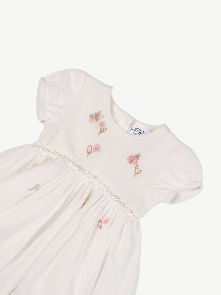 HOP Baby Girls White Embroidered Cotton Fit and Flare Dress