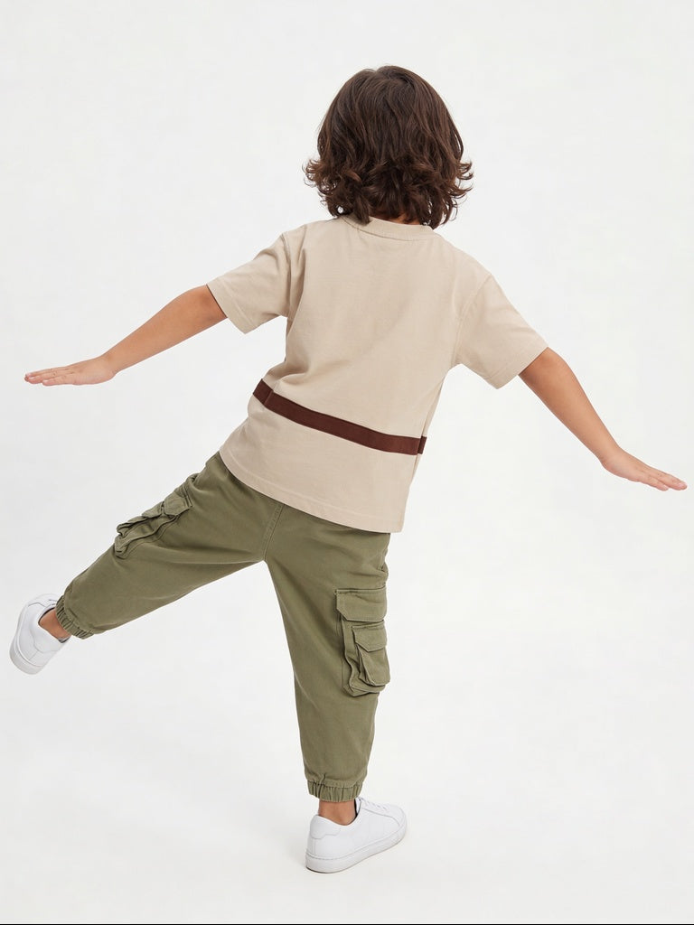 HOP Kids Boys Beige Printed Cotton T-Shirt