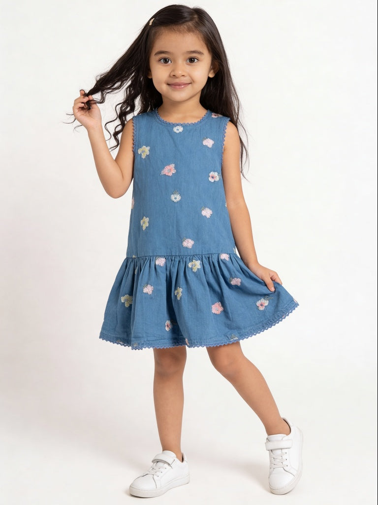 HOP Kids Girls Blue Embroidered Denim Dress