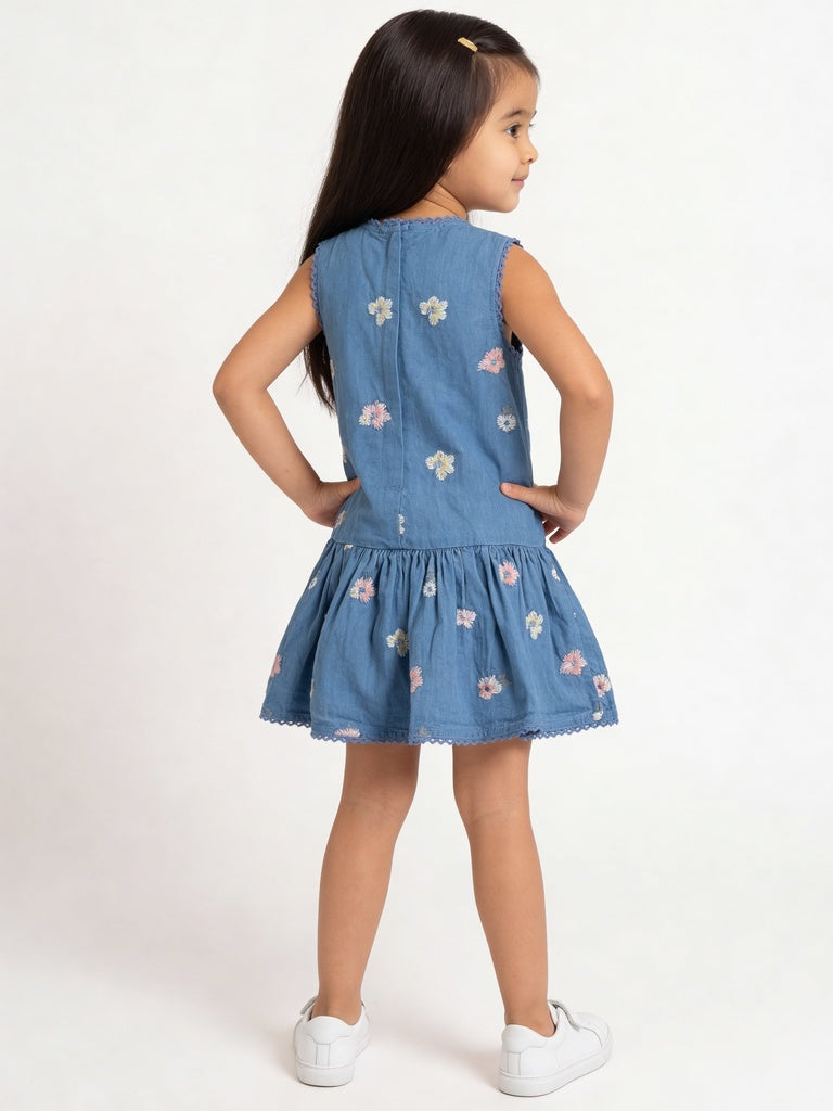 HOP Kids Girls Blue Embroidered Denim Dress