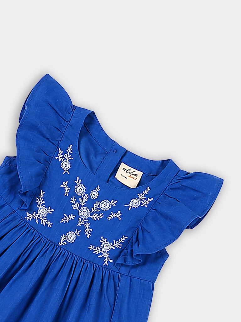 Utsa Kids Girls Blue Embroidered Cotton A-Line Dress - (2-8 yrs)