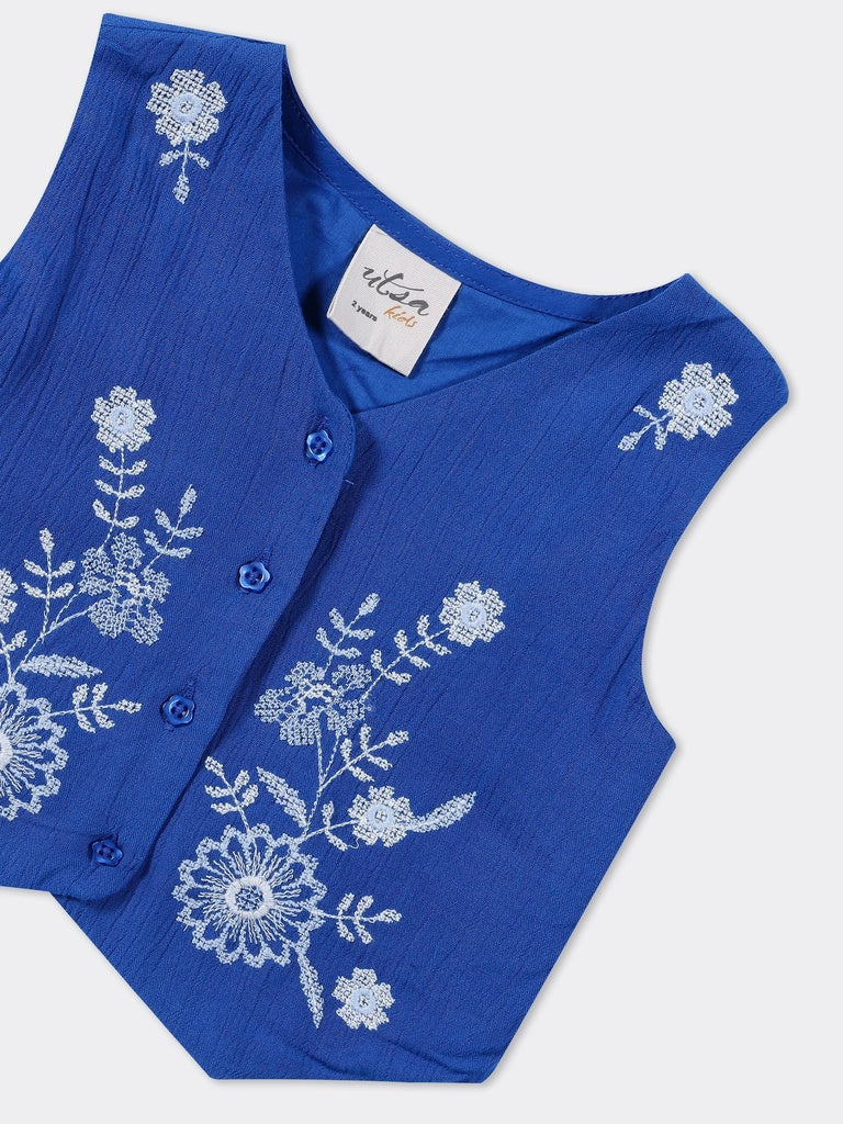 Utsa Kids Girls Blue Floral Embroidered Rayon Waistcoat - (2-8 yrs)