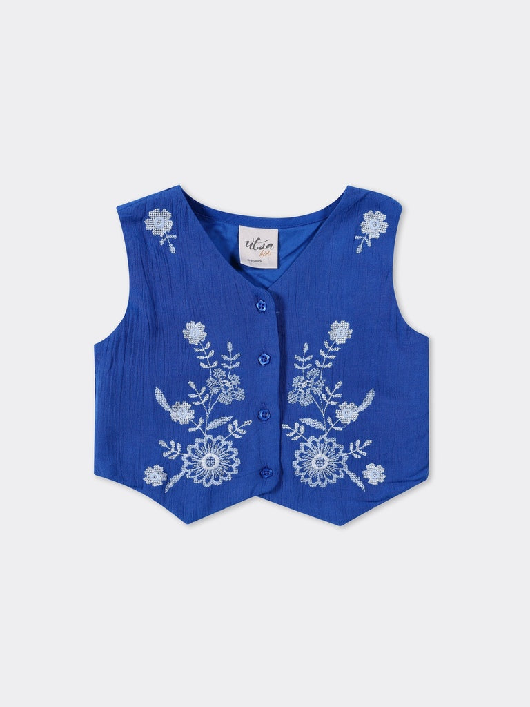 Utsa Kids Girls Cobalt Blue Embroidered Rayon Waistcoat - (8-14 yrs)