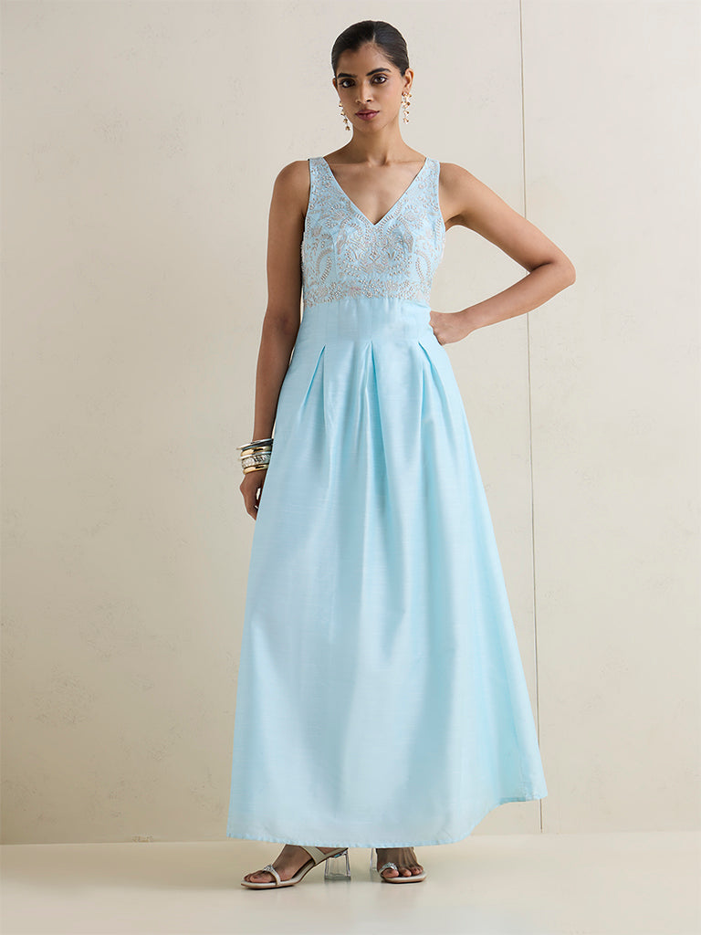 Vark Aqua Embellished A-Line Maxi Dress