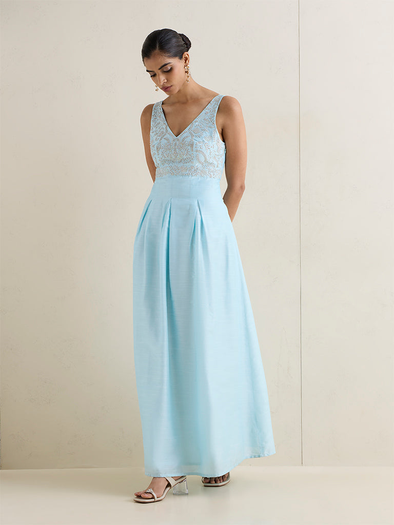 Vark Aqua Embellished A-Line Maxi Dress