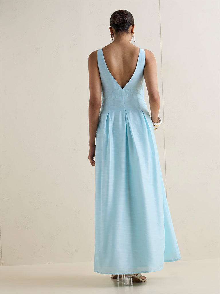 Vark Aqua Embellished A-Line Maxi Dress