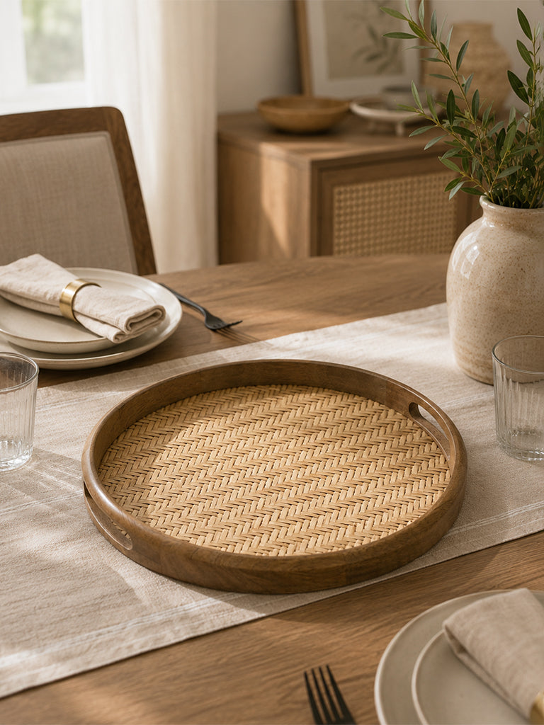 Westside Home Beige Rattan Textured Wooden Tray