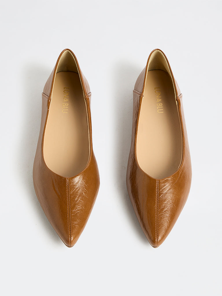 LUNA BLU Tan Pointed-Toe Ballerinas