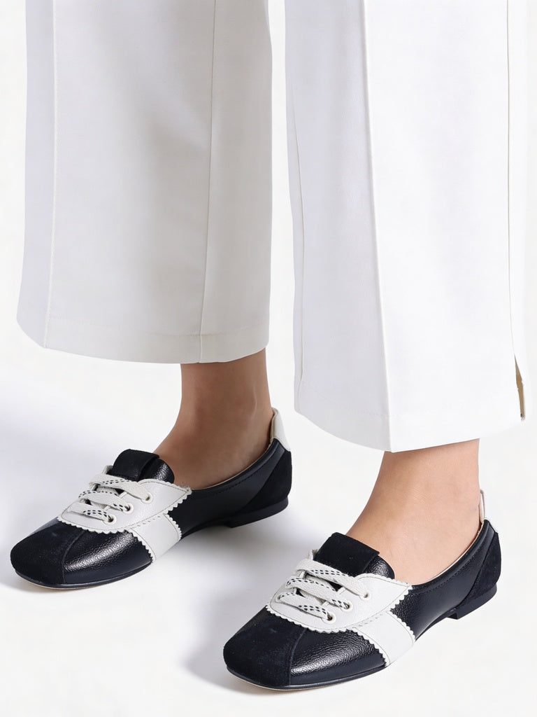 LUNA BLU Black and White Sporty Suede Lace-Up Ballerinas