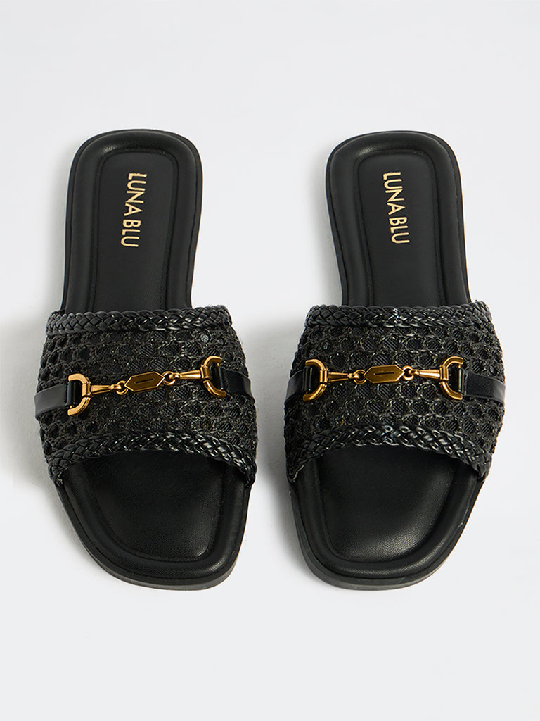 LUNA BLU Black Raffia Slides