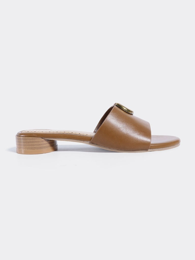 LUNA BLU Tan Block Heel Slip On Sandals