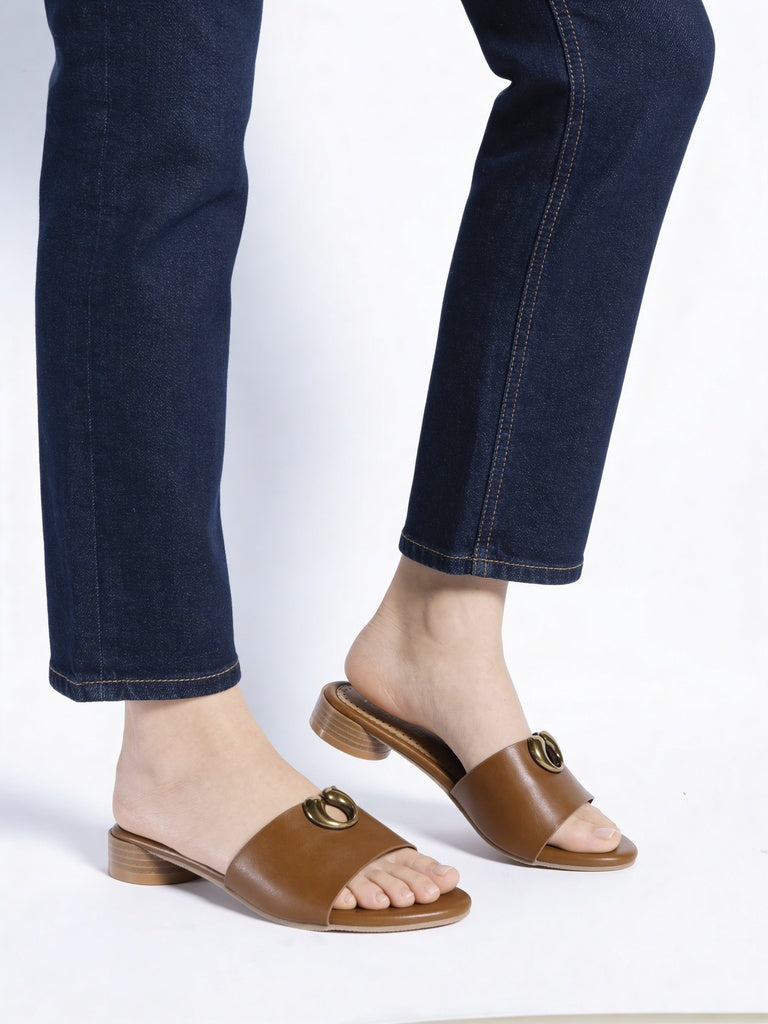 LUNA BLU Tan Block Heel Slip On Sandals