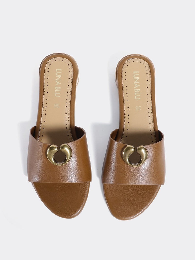 LUNA BLU Tan Block Heel Slip On Sandals