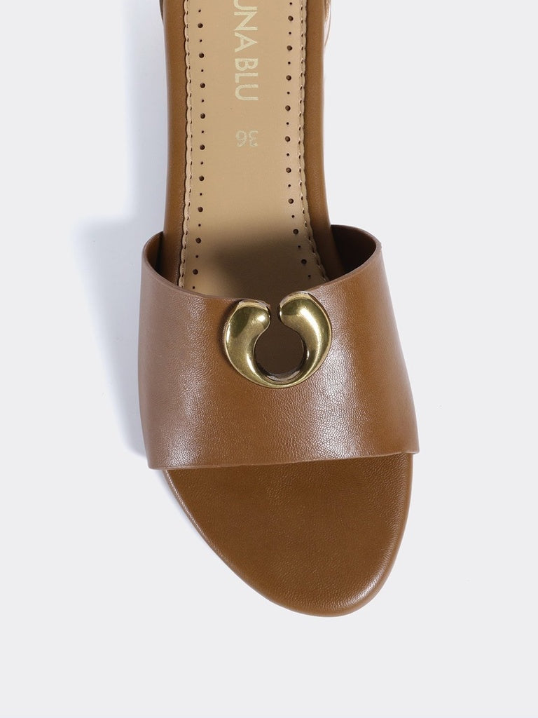 LUNA BLU Tan Block Heel Slip On Sandals