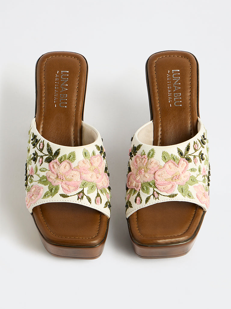 LUNA BLU Pink Floral Embroidered Heel Sandals