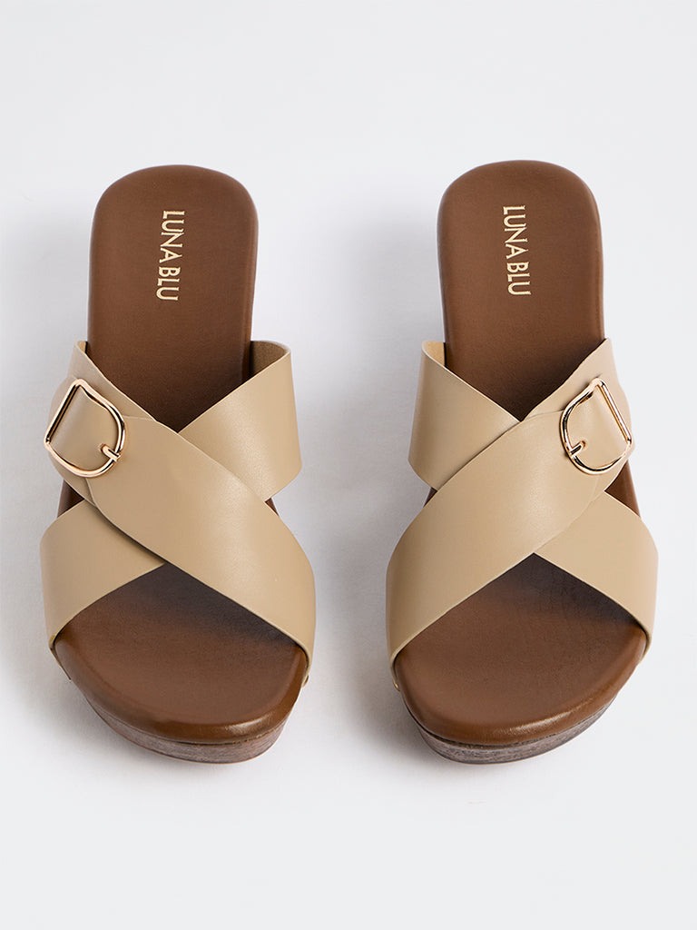 LUNA BLU Taupe Criss-Cross Strap Block Heel Sandals