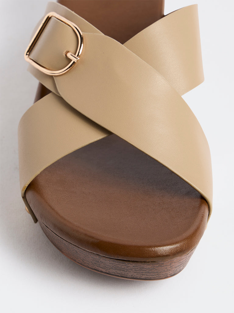 LUNA BLU Taupe Criss-Cross Strap Block Heel Sandals