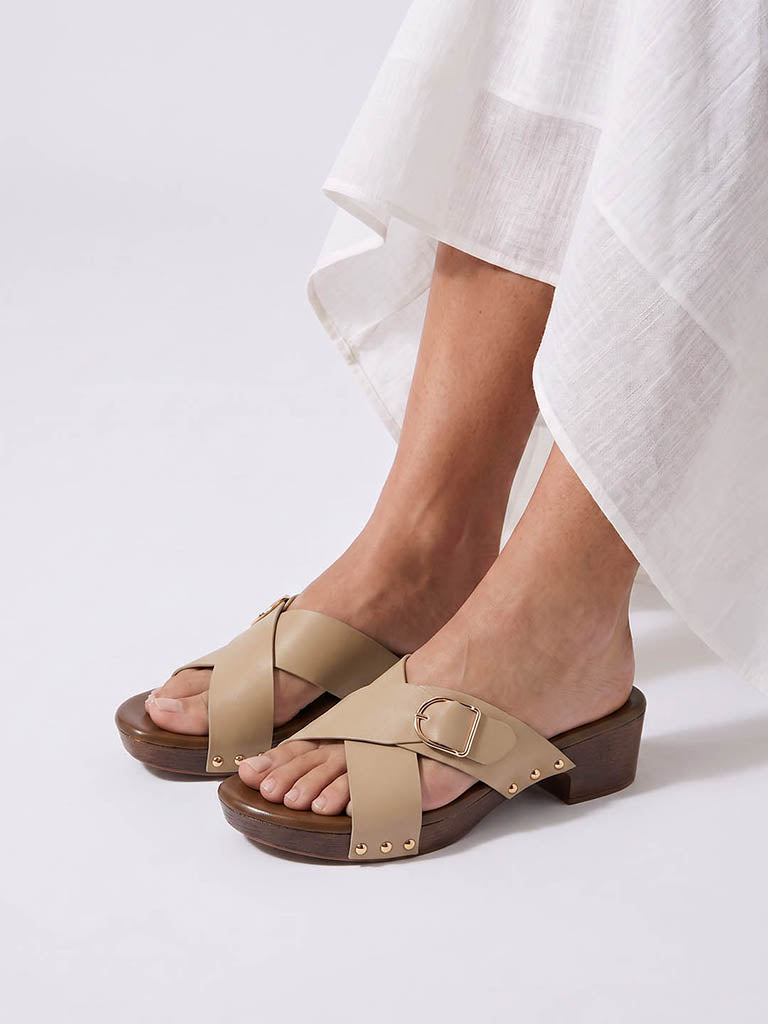 LUNA BLU Taupe Criss-Cross Strap Block Heel Sandals