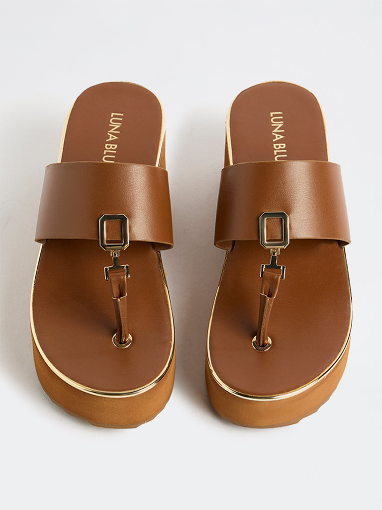 LUNA BLU Tan Thong-Strap Wedge Sandals