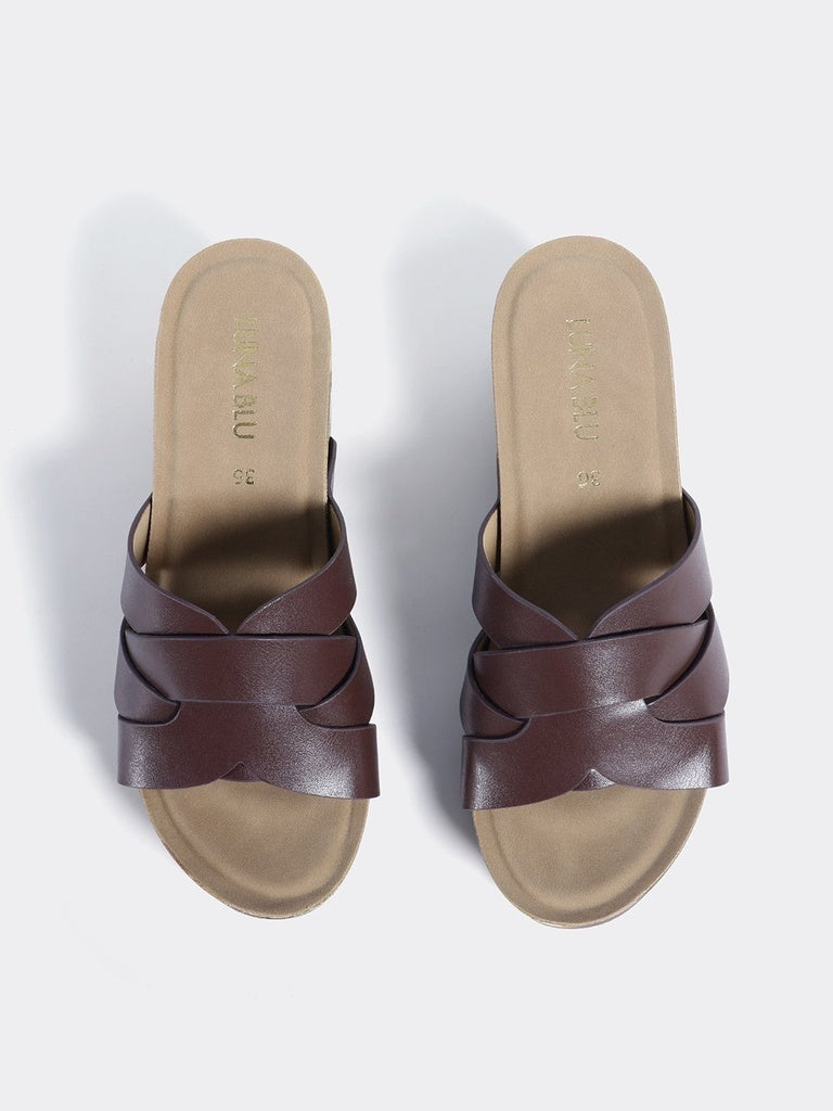 LUNA BLU Brown Multi Strap Wedge Heel Sandals