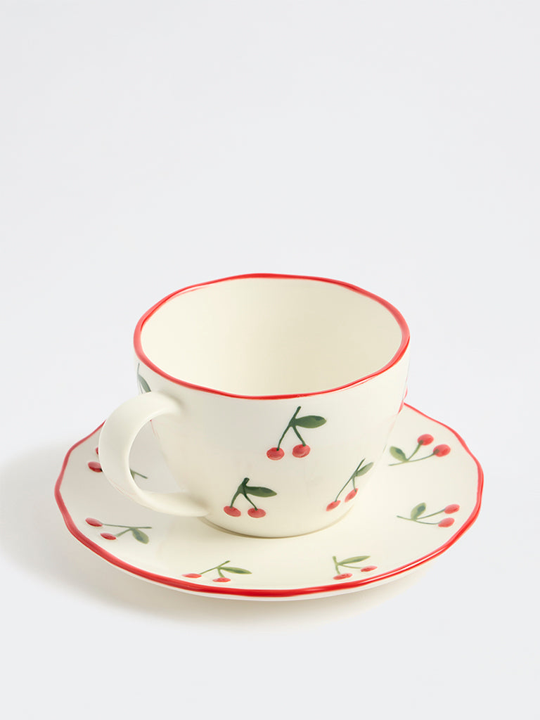 Westside Home White Cherry Pattern Cup and Saucer