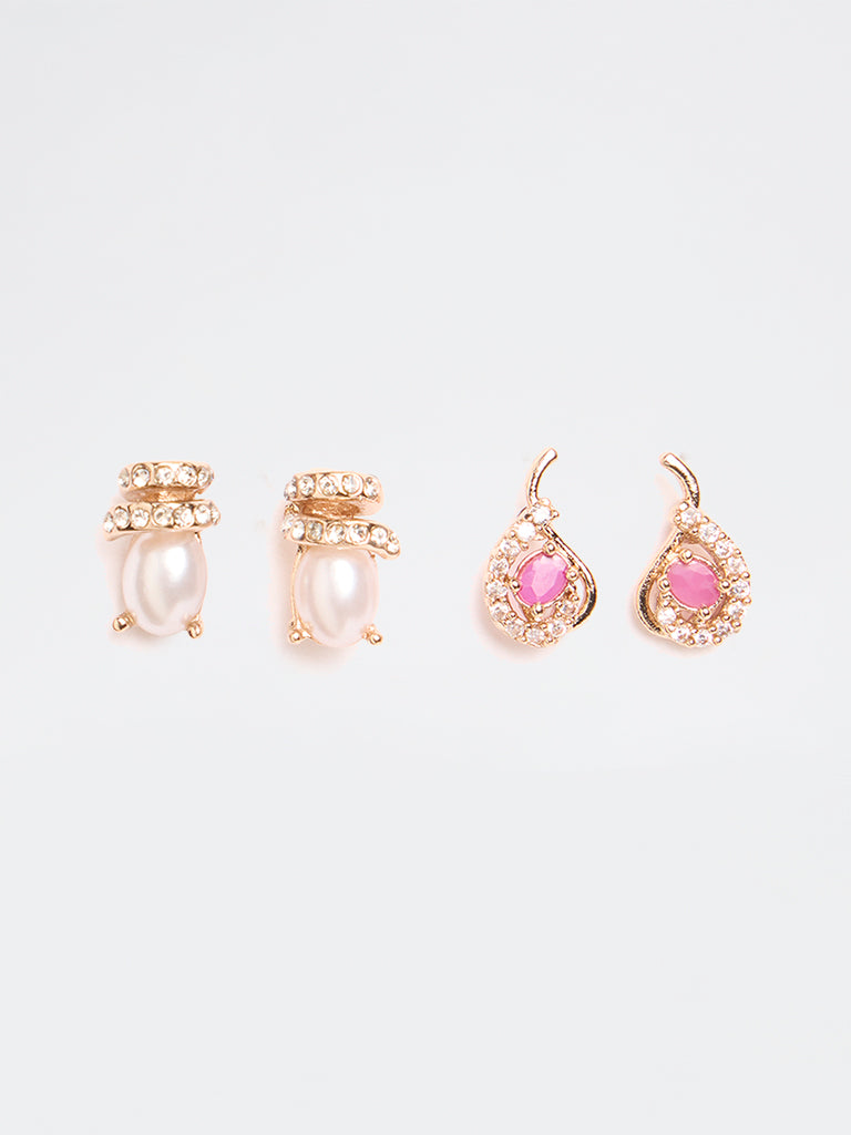 Westside Accessories Pink and White Stone and Pearl Embellished Earrings - Pack of 2