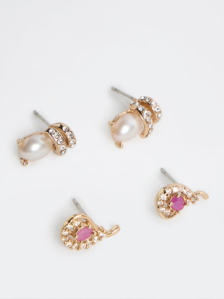 Westside Accessories Pink and White Stone and Pearl Embellished Earrings - Pack of 2