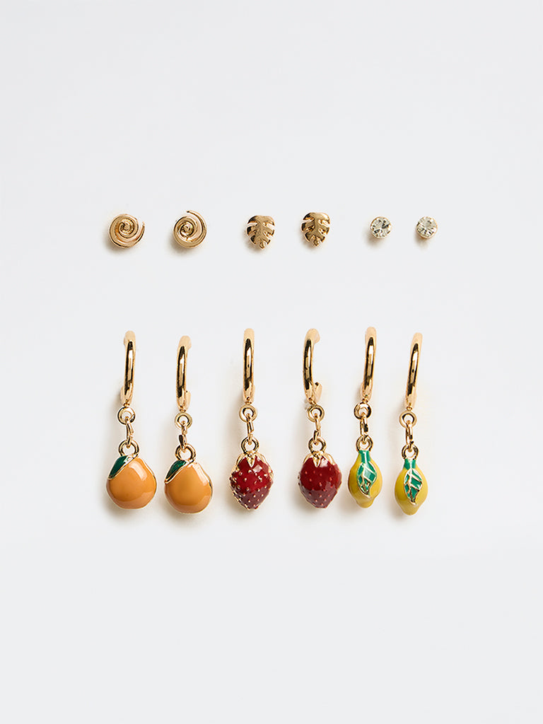Westside Accessories Gold Fruit Charm Studs and Hoops Earrings - Pack of 6