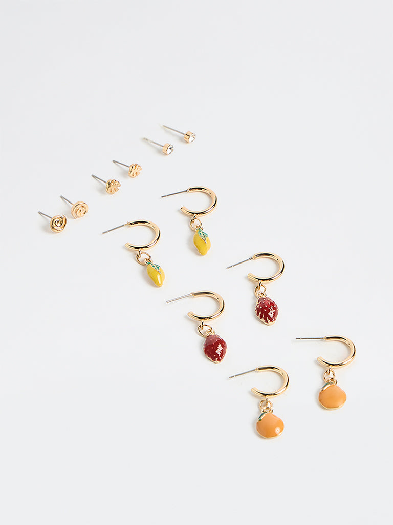 Westside Accessories Gold Fruit Charm Studs and Hoops Earrings - Pack of 6