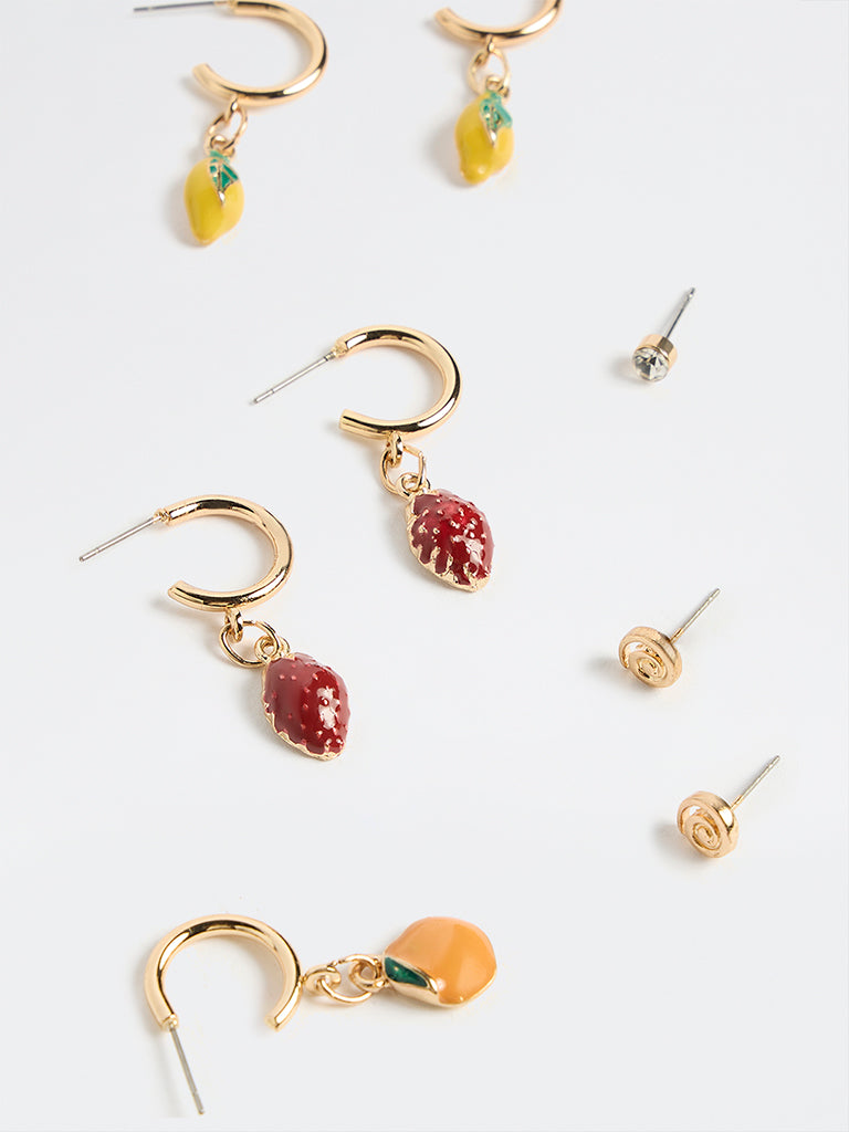 Westside Accessories Gold Fruit Charm Studs and Hoops Earrings - Pack of 6