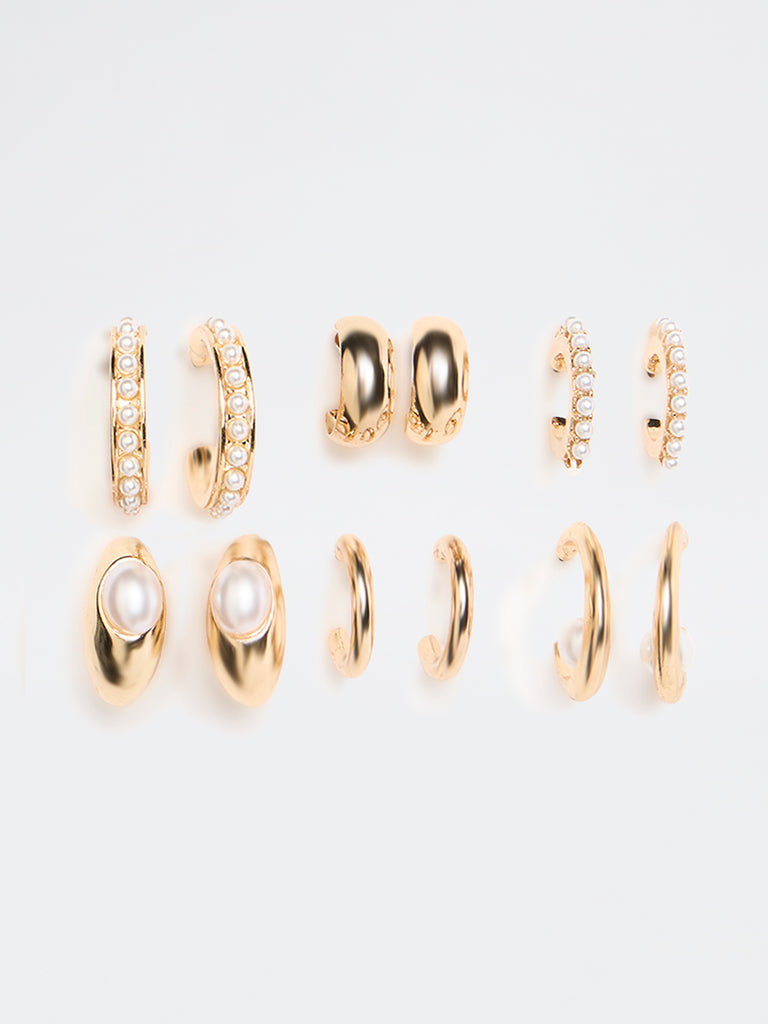 Westside Accessories Gold Pearl-Embellished Multi Hoop Earrings - Pack of 6