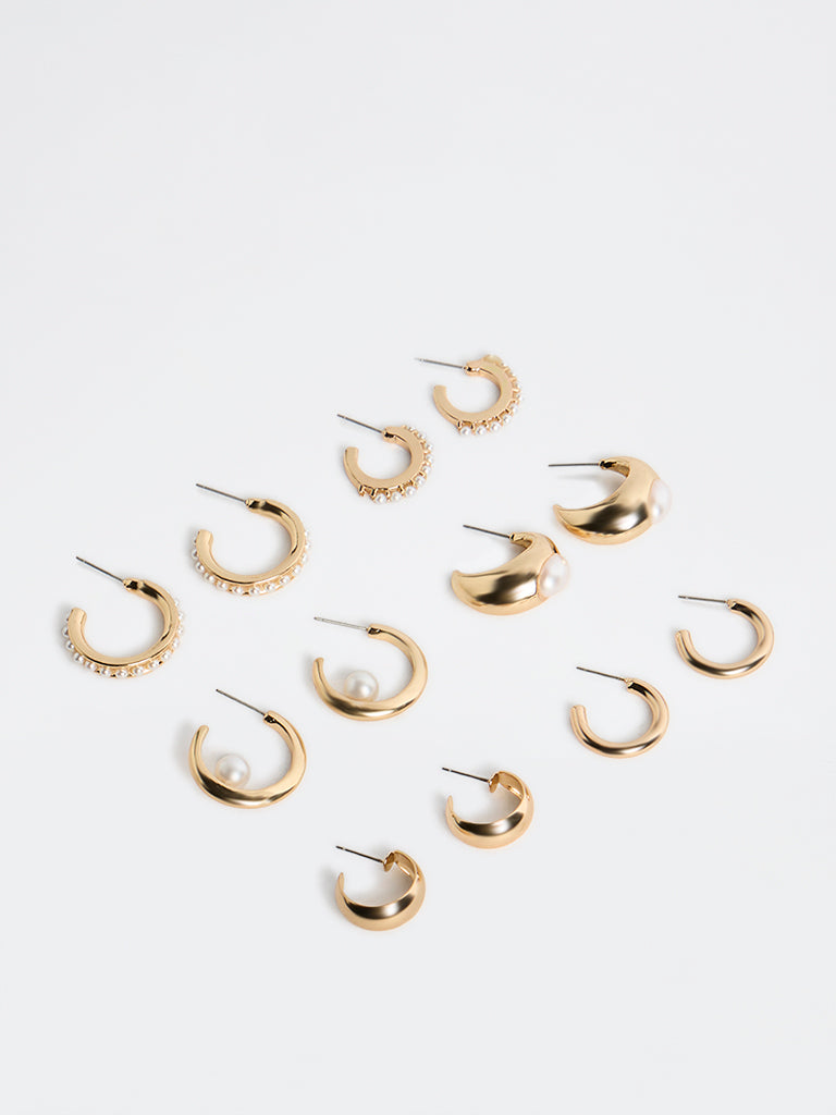 Westside Accessories Gold Pearl-Embellished Multi Hoop Earrings - Pack of 6