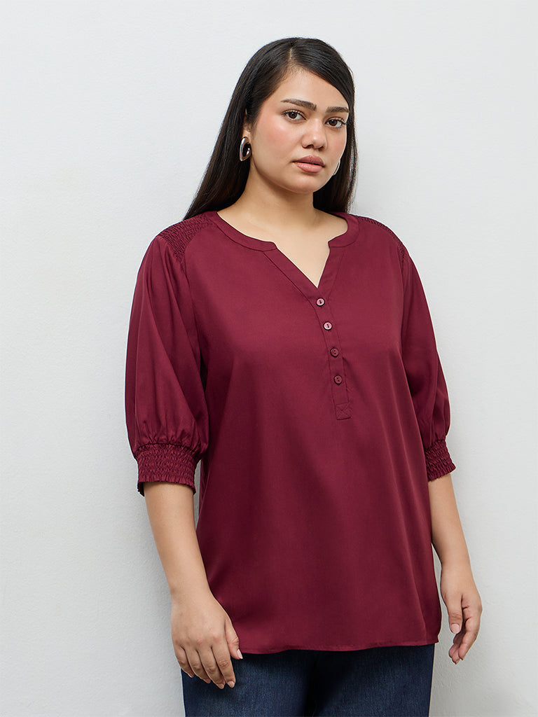 Gia Wine Smocked Detail Blouse