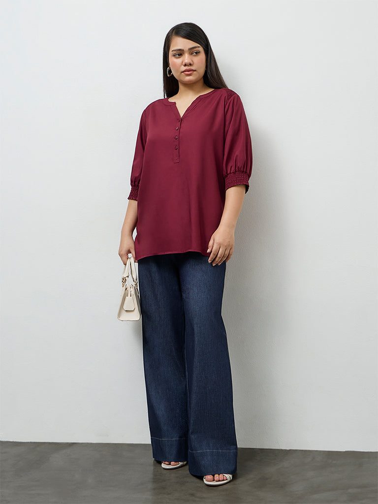 Gia Wine Smocked Detail Blouse