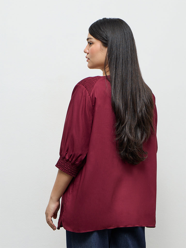 Gia Wine Smocked Detail Blouse