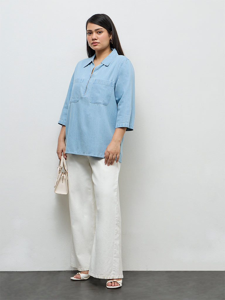 Gia Light Blue Washed Denim Blouse